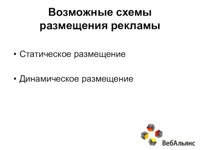 Возможные схемы размещения рекламы Статическое размещение Динамическое размещение