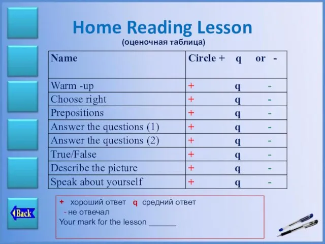 Home Reading Lesson (оценочная таблица) + хороший ответ q средний ответ -