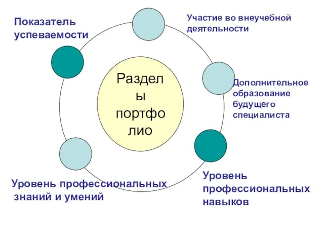 Разделы портфолио Показатель успеваемости Уровень профессиональных навыков Уровень профессиональных знаний и умений