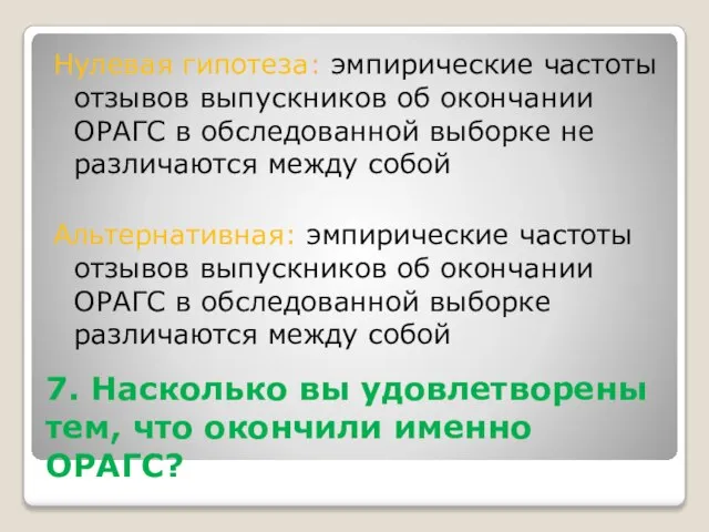 7. Насколько вы удовлетворены тем, что окончили именно ОРАГС? Нулевая гипотеза: эмпирические