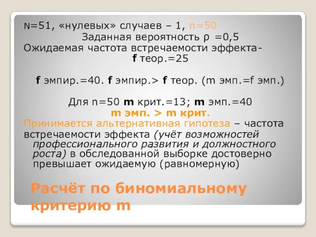 Расчёт по биномиальному критерию m N=51, «нулевых» случаев – 1, n=50 Заданная