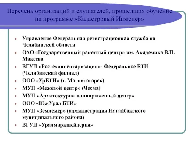 Перечень организаций и слушателей, прошедших обучение на программе «Кадастровый Инженер» Управление Федеральная