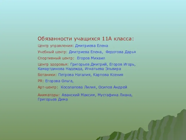 Классная галактика Обязанности учащихся 11А класса: Центр управления: Дмитриева Елена Учебный центр: