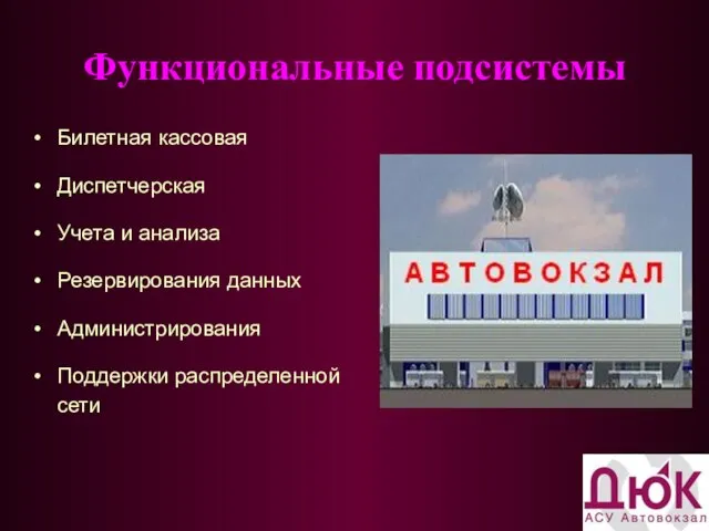 Функциональные подсистемы Билетная кассовая Диспетчерская Учета и анализа Резервирования данных Администрирования Поддержки распределенной сети