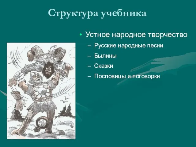 Структура учебника Устное народное творчество Русские народные песни Былины Сказки Пословицы и поговорки