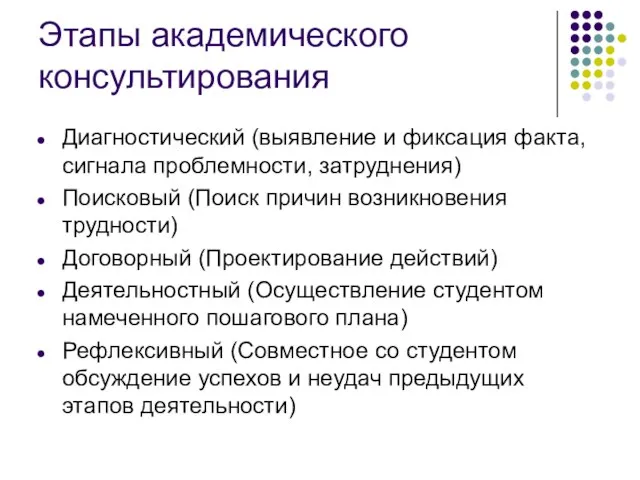 Этапы академического консультирования Диагностический (выявление и фиксация факта, сигнала проблемности, затруднения) Поисковый