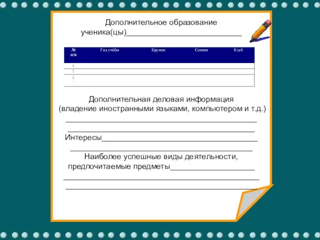 Дополнительное образование ученика(цы)__________________________ Дополнительная деловая информация (владение иностранными языками, компьютером и т.д.)