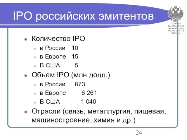 IPO российских эмитентов Количество IPO в России 10 в Европе 15 В