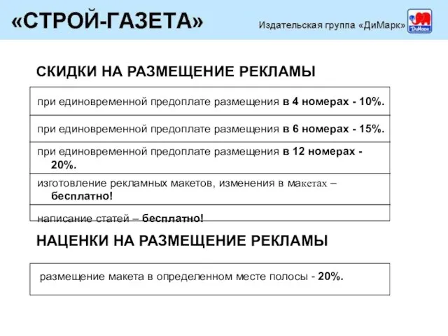 СКИДКИ НА РАЗМЕЩЕНИЕ РЕКЛАМЫ НАЦЕНКИ НА РАЗМЕЩЕНИЕ РЕКЛАМЫ размещение макета в определенном месте полосы - 20%.