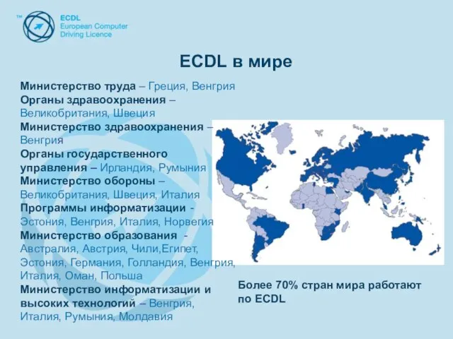 ECDL в мире Министерство труда – Греция, Венгрия Органы здравоохранения – Великобритания,