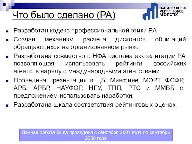 Что было сделано (РА) Разработан кодекс профессиональной этики РА Создан механизм расчета