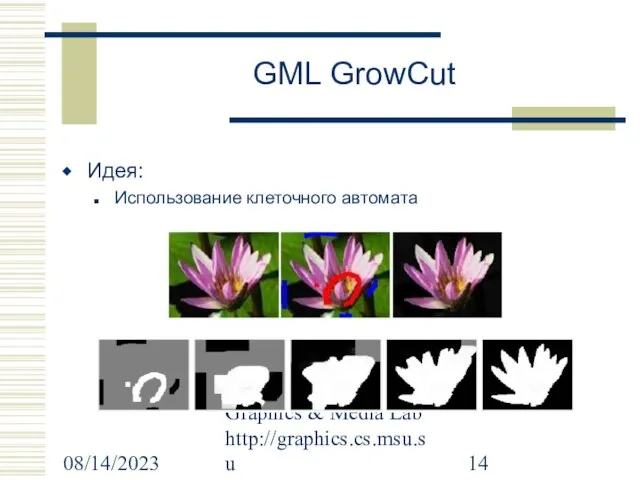 08/14/2023 Graphics & Media Lab http://graphics.cs.msu.su GML GrowCut Идея: Использование клеточного автомата