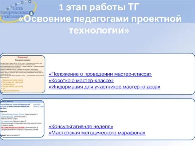 1 этап работы ТГ «Освоение педагогами проектной технологии»