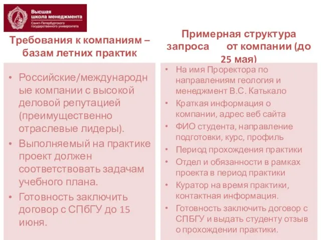 Требования к компаниям – базам летних практик Российские/международные компании с высокой деловой