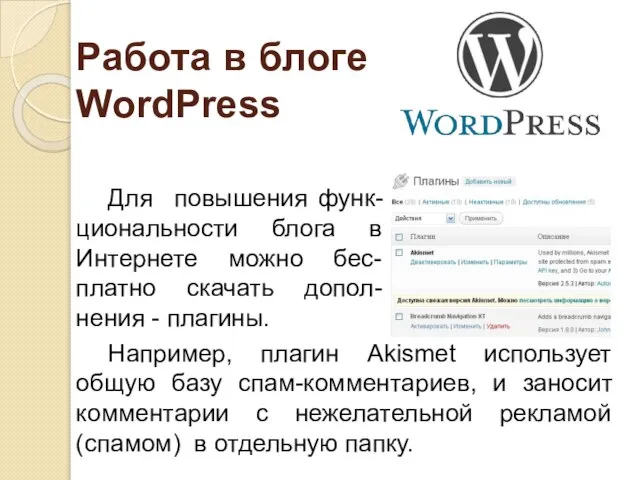 Работа в блоге WordPress Для повышения функ-циональности блога в Интернете можно бес-платно
