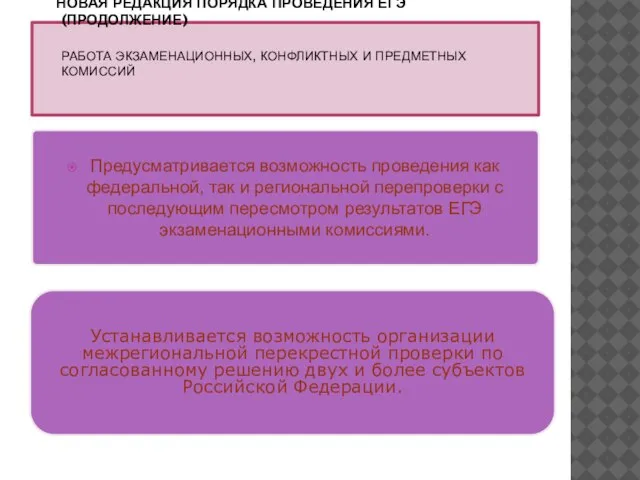 НОВАЯ РЕДАКЦИЯ ПОРЯДКА ПРОВЕДЕНИЯ ЕГЭ (ПРОДОЛЖЕНИЕ) РАБОТА ЭКЗАМЕНАЦИОННЫХ, КОНФЛИКТНЫХ И ПРЕДМЕТНЫХ КОМИССИЙ