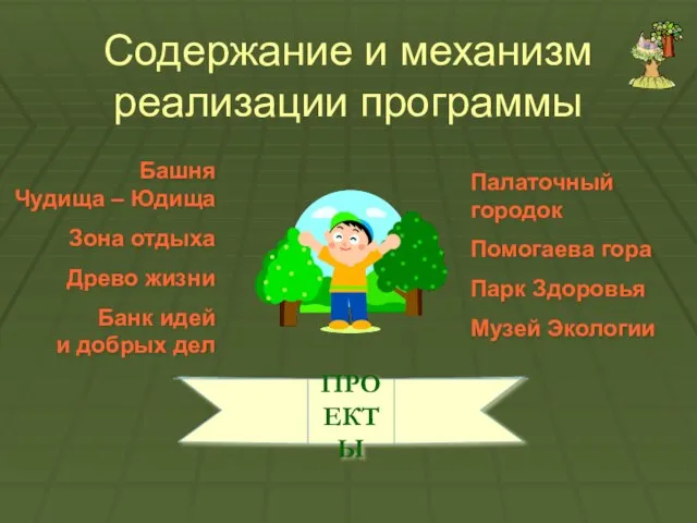 Содержание и механизм реализации программы ПРОЕКТЫ Палаточный городок Помогаева гора Парк Здоровья