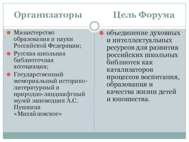 Организаторы Цель Форума Министерство образования и науки Российской Федерации; Русская школьная библиотечная