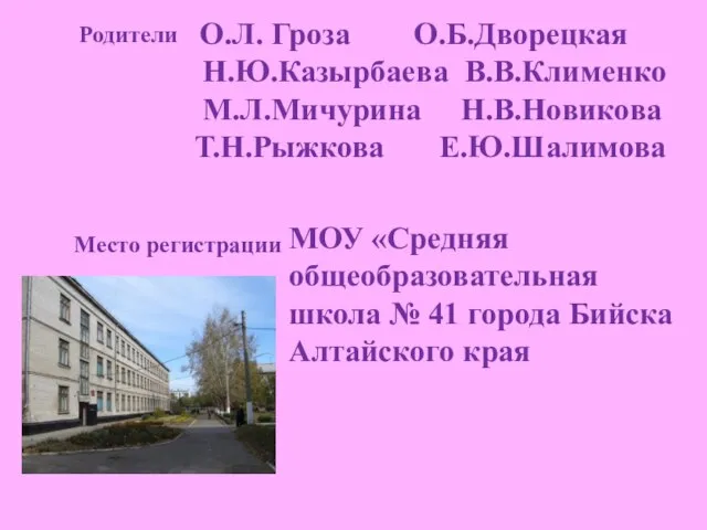 Родители Место регистрации О.Л. Гроза О.Б.Дворецкая Н.Ю.Казырбаева В.В.Клименко М.Л.Мичурина Н.В.Новикова Т.Н.Рыжкова Е.Ю.Шалимова