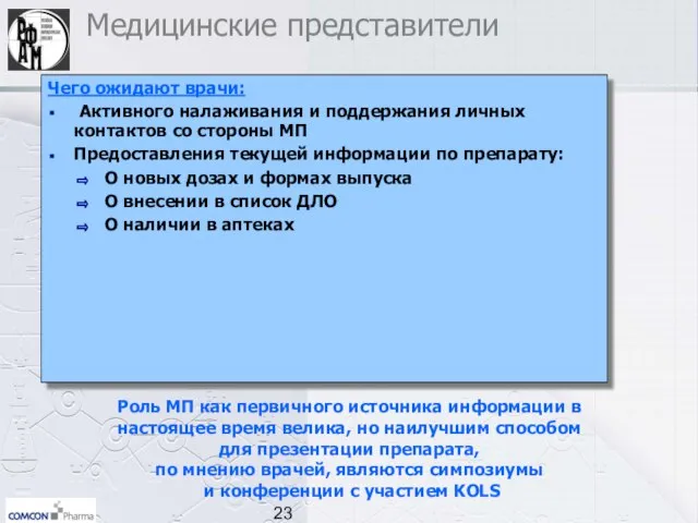 Медицинские представители Чего ожидают врачи: Активного налаживания и поддержания личных контактов со