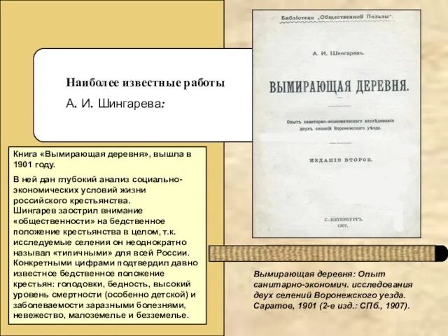 Наиболее известные работы А. И. Шингарева: Книга «Вымирающая деревня», вышла в 1901