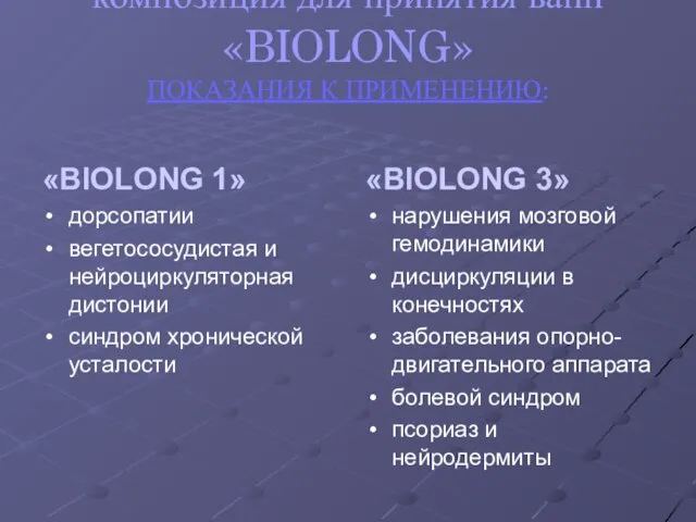 композиция для принятия ванн «BIOLONG» ПОКАЗАНИЯ К ПРИМЕНЕНИЮ: «BIOLONG 1» дорсопатии вегетососудистая