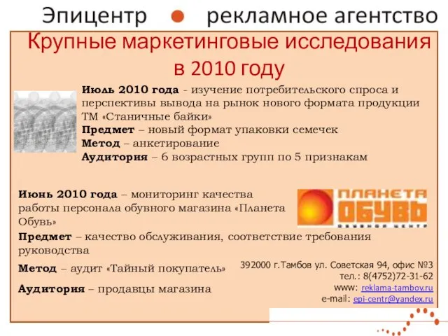 Крупные маркетинговые исследования в 2010 году 392000 г.Тамбов ул. Советская 94, офис