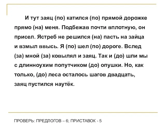 И тут заяц (по) катился (по) прямой дорожке прямо (на) меня. Подбежав