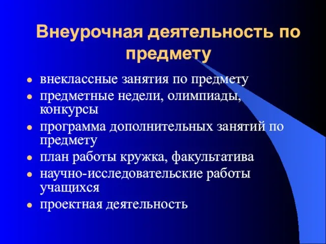 Внеурочная деятельность по предмету внеклассные занятия по предмету предметные недели, олимпиады, конкурсы