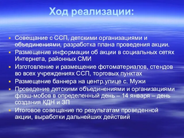 Ход реализации: Совещание с ССП, детскими организациями и объединениями, разработка плана проведения