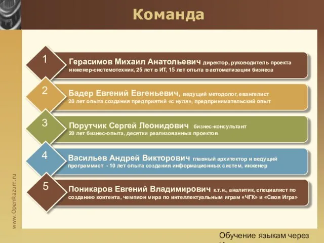 Обучение языкам через Интернет Команда Герасимов Михаил Анатольевич директор, руководитель проекта инженер-системотехник,