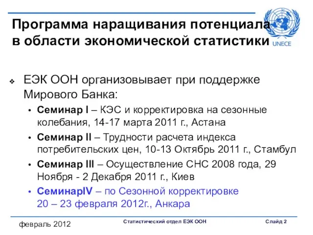 февраль 2012 Программа наращивания потенциала в области экономической статистики ЕЭК ООН организовывает