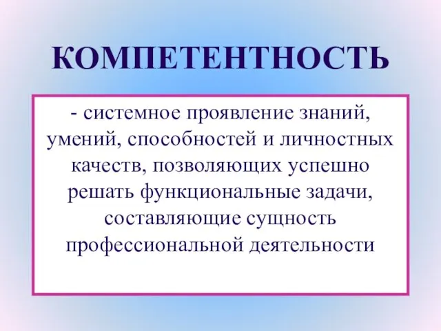 КОМПЕТЕНТНОСТЬ - системное проявление знаний, умений, способностей и личностных качеств, позволяющих успешно