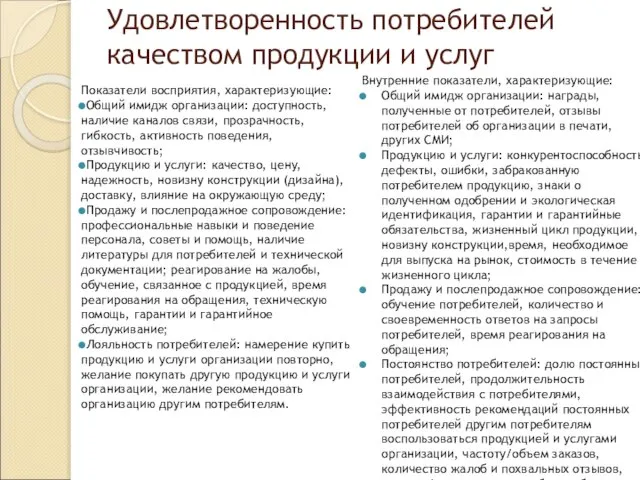 Удовлетворенность потребителей качеством продукции и услуг Показатели восприятия, характеризующие: Общий имидж организации: