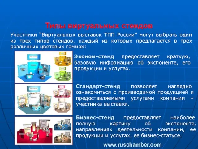 Типы виртуальных стендов Участники “Виртуальных выставок ТПП России” могут выбрать один из