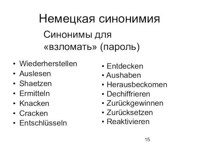 Немецкая синонимия Wiederherstellen Auslesen Shaetzen Ermitteln Knacken Cracken Entschlüsseln Синонимы для «взломать»