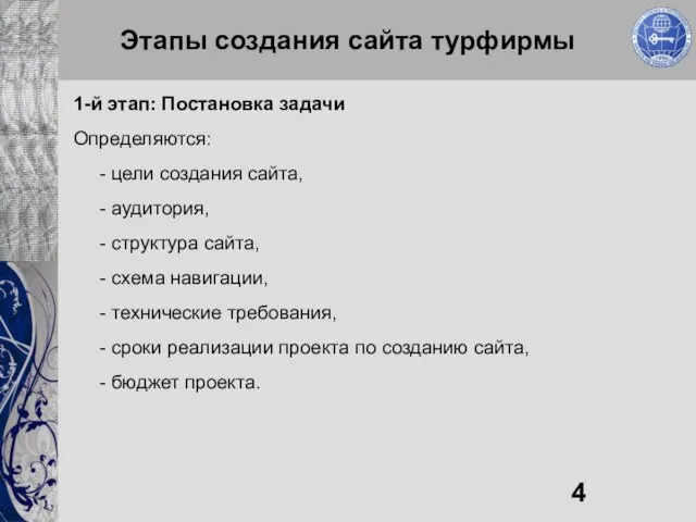 Этапы создания сайта турфирмы 1-й этап: Постановка задачи Определяются: - цели создания