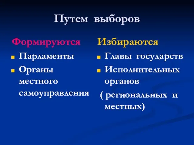 Путем выборов Формируются Парламенты Органы местного самоуправления Избираются Главы государств Исполнительных органов ( региональных и местных)