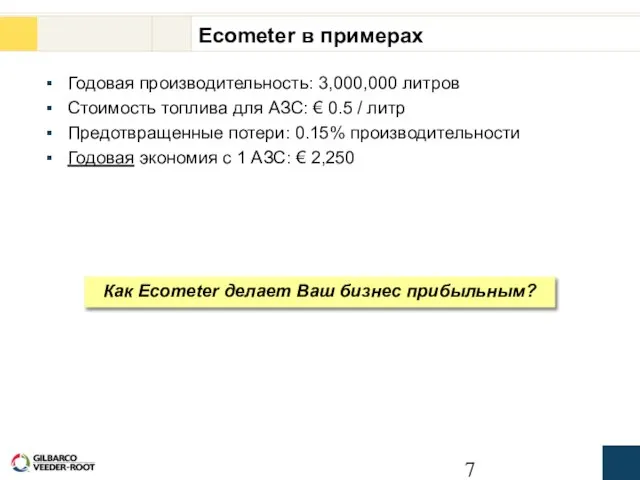 Ecometer в примерах Годовая производительность: 3,000,000 литров Стоимость топлива для АЗС: €