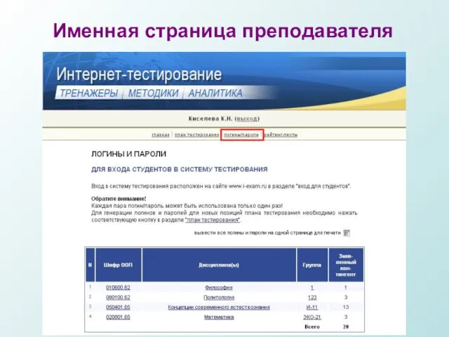 Именная страница преподавателя