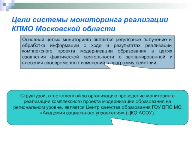 Цели системы мониторинга реализации КПМО Московской области Основной целью мониторинга является регулярное