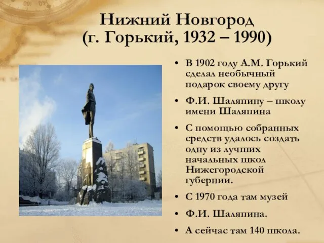 Нижний Новгород (г. Горький, 1932 – 1990) В 1902 году А.М. Горький