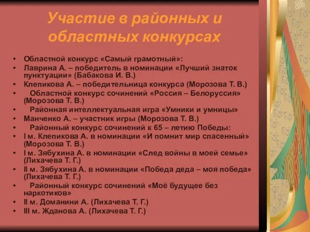 Участие в районных и областных конкурсах Областной конкурс «Самый грамотный»: Лаврина А.