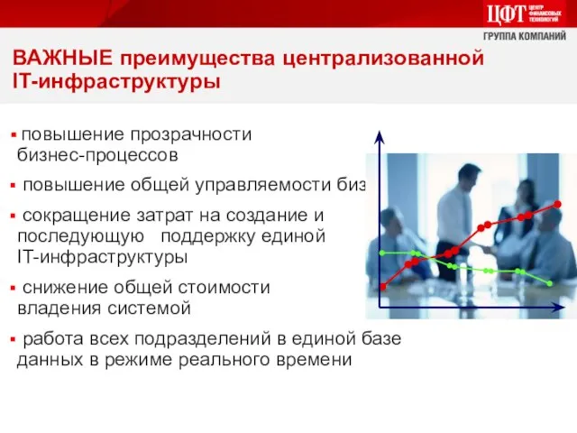 ВАЖНЫЕ преимущества централизованной IT-инфраструктуры повышение прозрачности бизнес-процессов повышение общей управляемости бизнеса сокращение