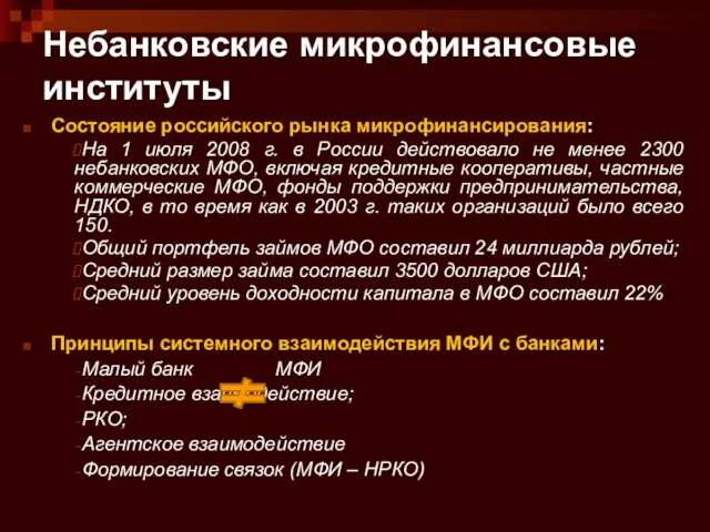 Небанковские микрофинансовые институты Состояние российского рынка микрофинансирования: На 1 июля 2008 г.