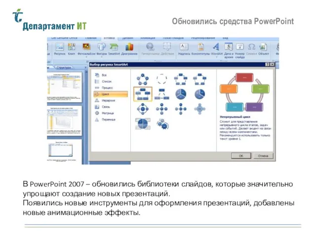 Обновились средства PowerPoint В PowerPoint 2007 – обновились библиотеки слайдов, которые значительно