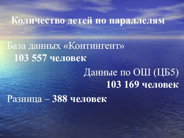 Количество детей по параллелям База данных «Контингент» 103 557 человек Данные по