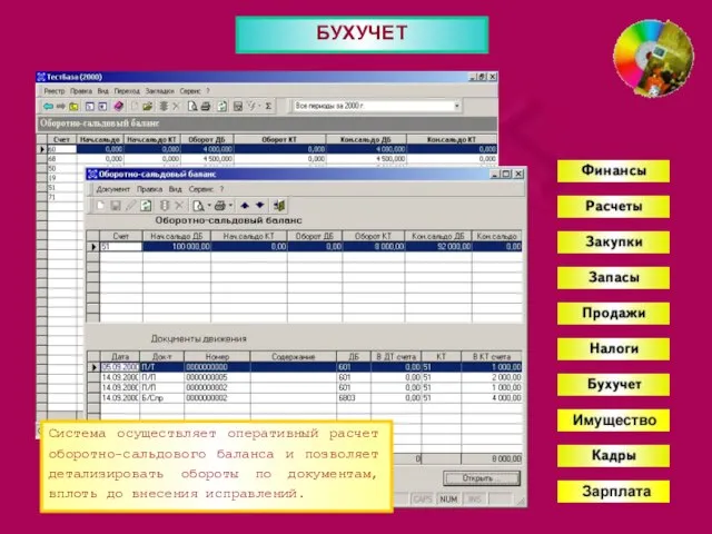 БУХУЧЕТ Система осуществляет оперативный расчет оборотно-сальдового баланса и позволяет детализировать обороты по