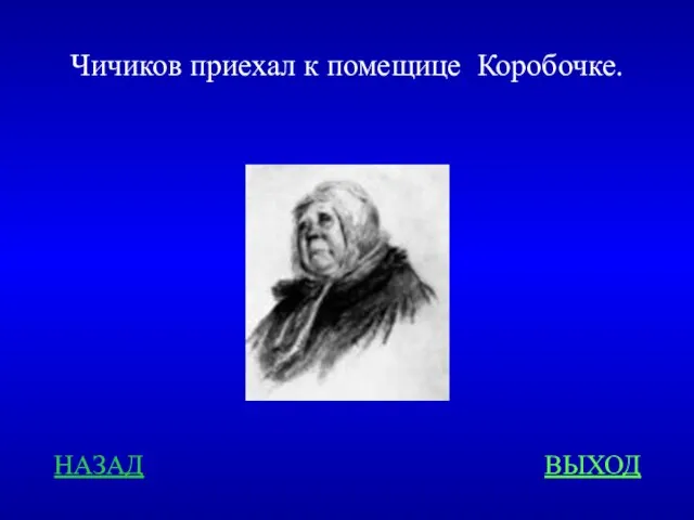 НАЗАД ВЫХОД Чичиков приехал к помещице Коробочке.