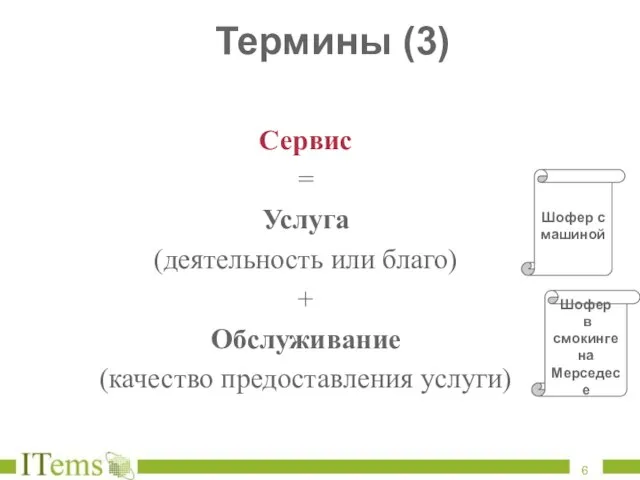 Термины (3) Сервис = Услуга (деятельность или благо) + Обслуживание (качество предоставления